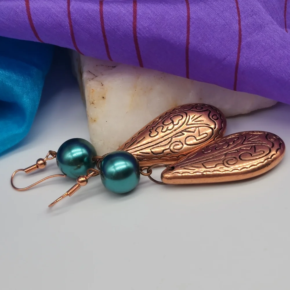 ❤️  Bohemian Jewelry Dangling Teardrops Copper Earrings Faux Pearls